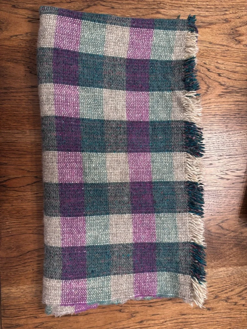 Wool Throw Blanket Purple Teal Cream Plaid Fringe Cabin Cottage 48x60 Vintage